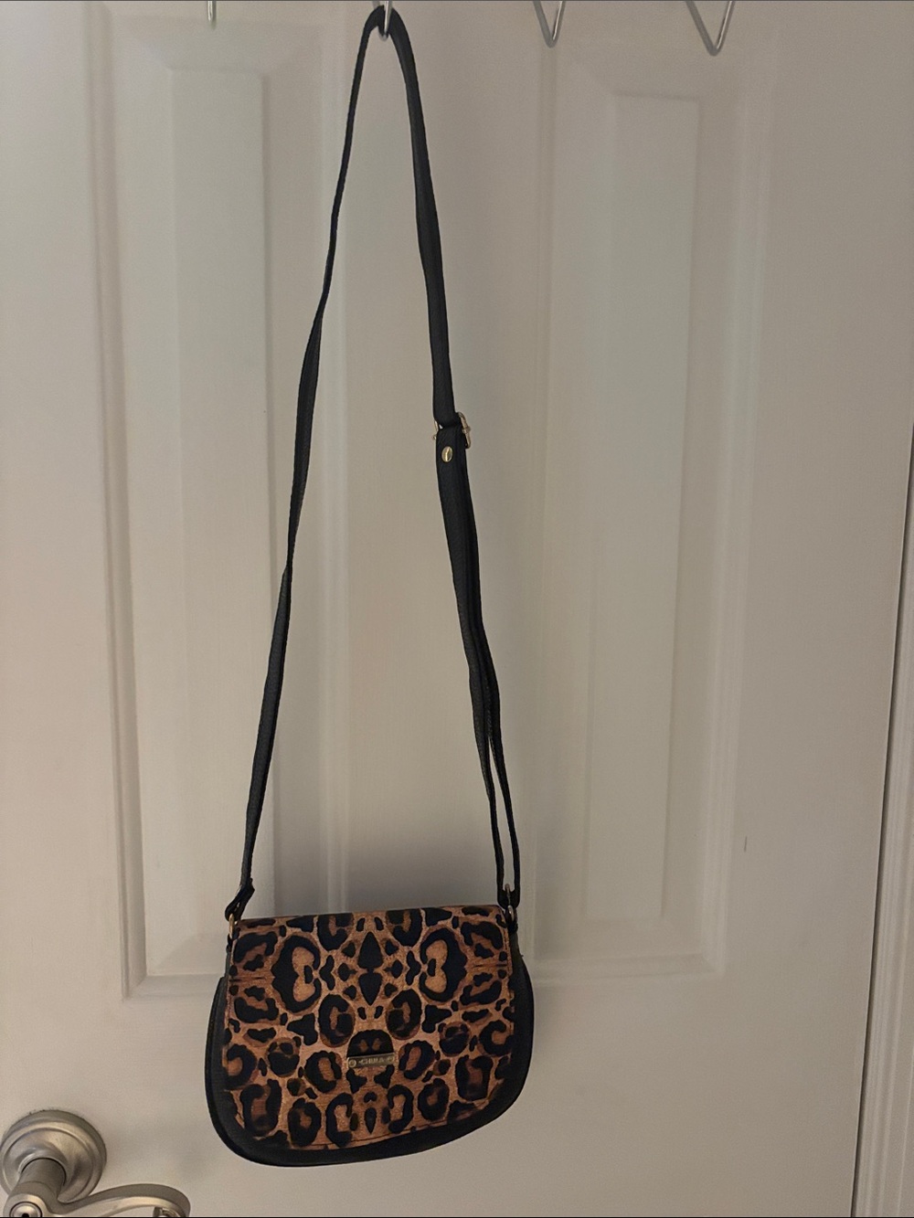 Leopard Print Crossbody Saddle Bag with Black Trim